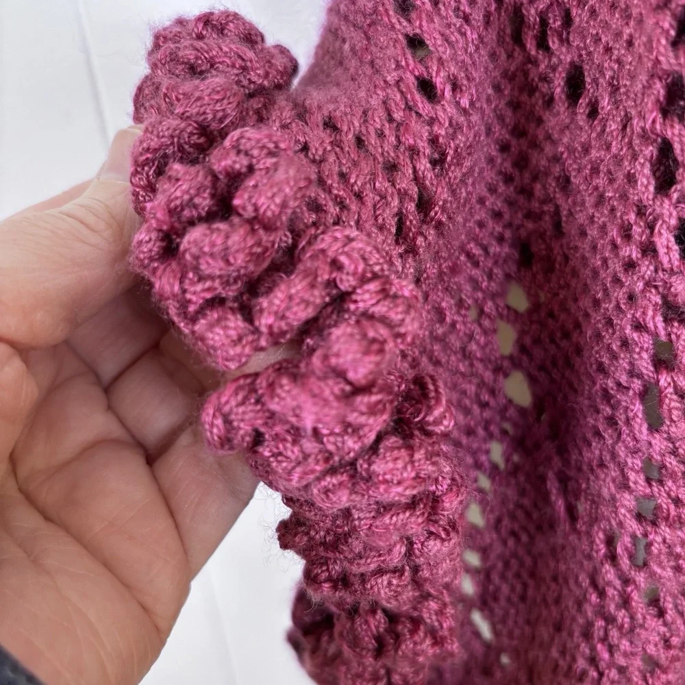 Hand Crocheted Plum Wrap Shawl 69 x 16 Ruffled Edges Knit Spring Shawl Plus Size
